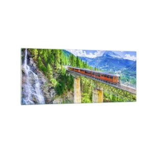 Cuadro sobre vidrio - Impresiones sobre Vidrio - Una montaña rusa en un puente con vistas a una cascada y montañas. - 120x50cm - Ferrocarril a los Alpes - Decoración de pared moderna para salón y dormitorio ARTTOR
