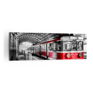 Cuadro sobre lienzo - Impresión de Imagen - Tren rojo en la estación bajo techo. - 160x50cm - ¿El viaje de su vida? - Decoración de pared moderna para salón y dormitorio ARTTOR