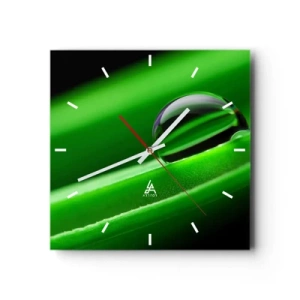 Reloj de pared - Reloj de vidrio - Primer plano de una gota de rocío sobre una hoja verde - 30x30cm - La vida de cerca - Decoración de pared moderna para salón y dormitorio ARTTOR