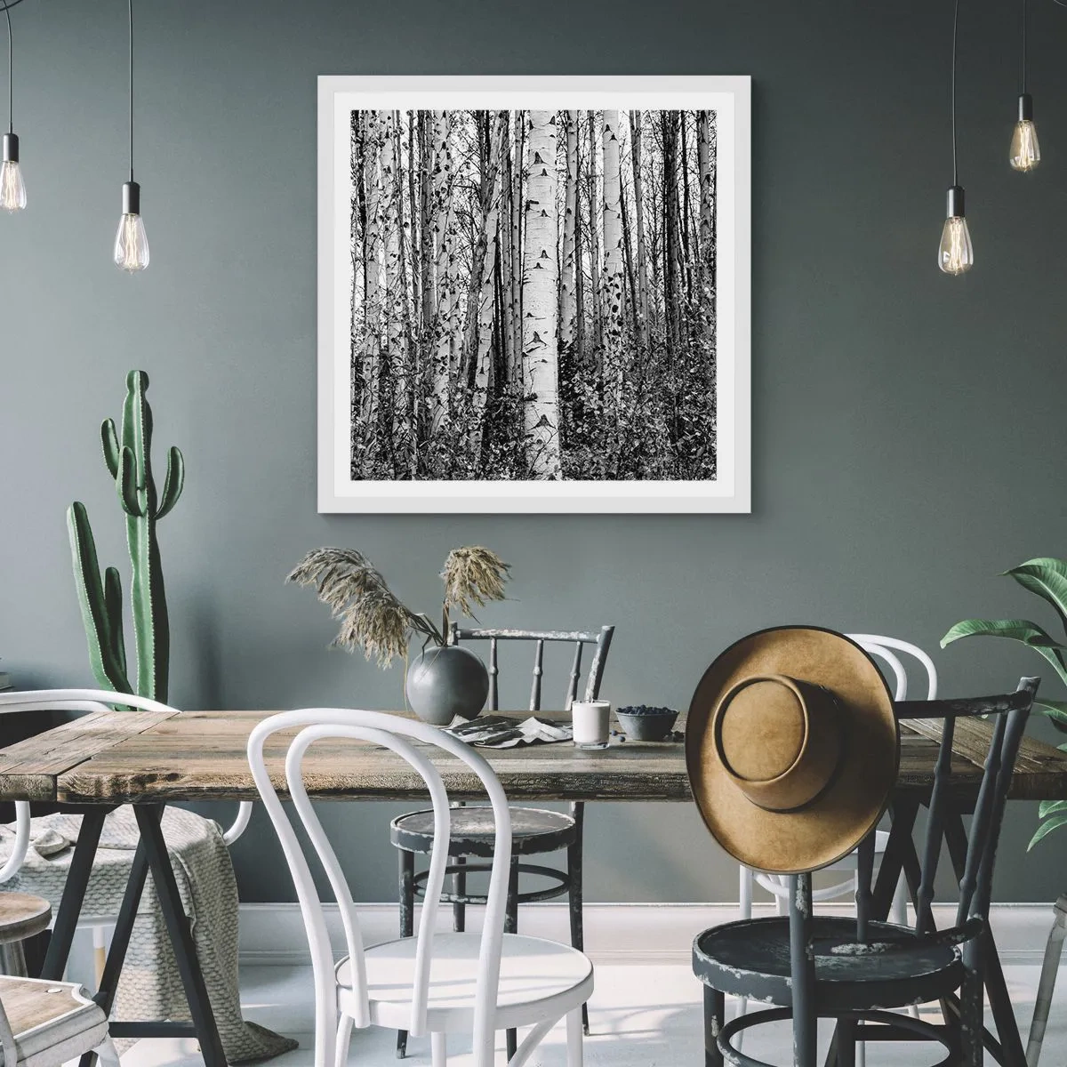 Póster en marco blanco - Columnas de abedules - 40x40 cm