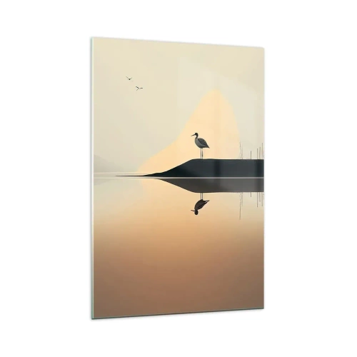 Cuadro sobre vidrio - Impresiones sobre Vidrio - Un pájaro en una isla en un lago tranquilo con tonos cálidos. - 70x100cm - Un caballero en el lago - Decoración de pared moderna para salón y dormitorio ARTTOR