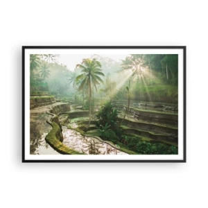Póster en marco negro - Terrazas de arroz con palmeras bajo los rayos del sol - 100x70cm - Crecer bajo el sol - Decoración de pared moderna para salón y dormitorio ARTTOR