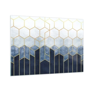 Cuadro sobre vidrio - Impresiones sobre Vidrio - Patrón geométrico en colores dorado y azul marino. - 100x70cm - Composición rítmica visual - Decoración de pared moderna para salón y dormitorio ARTTOR