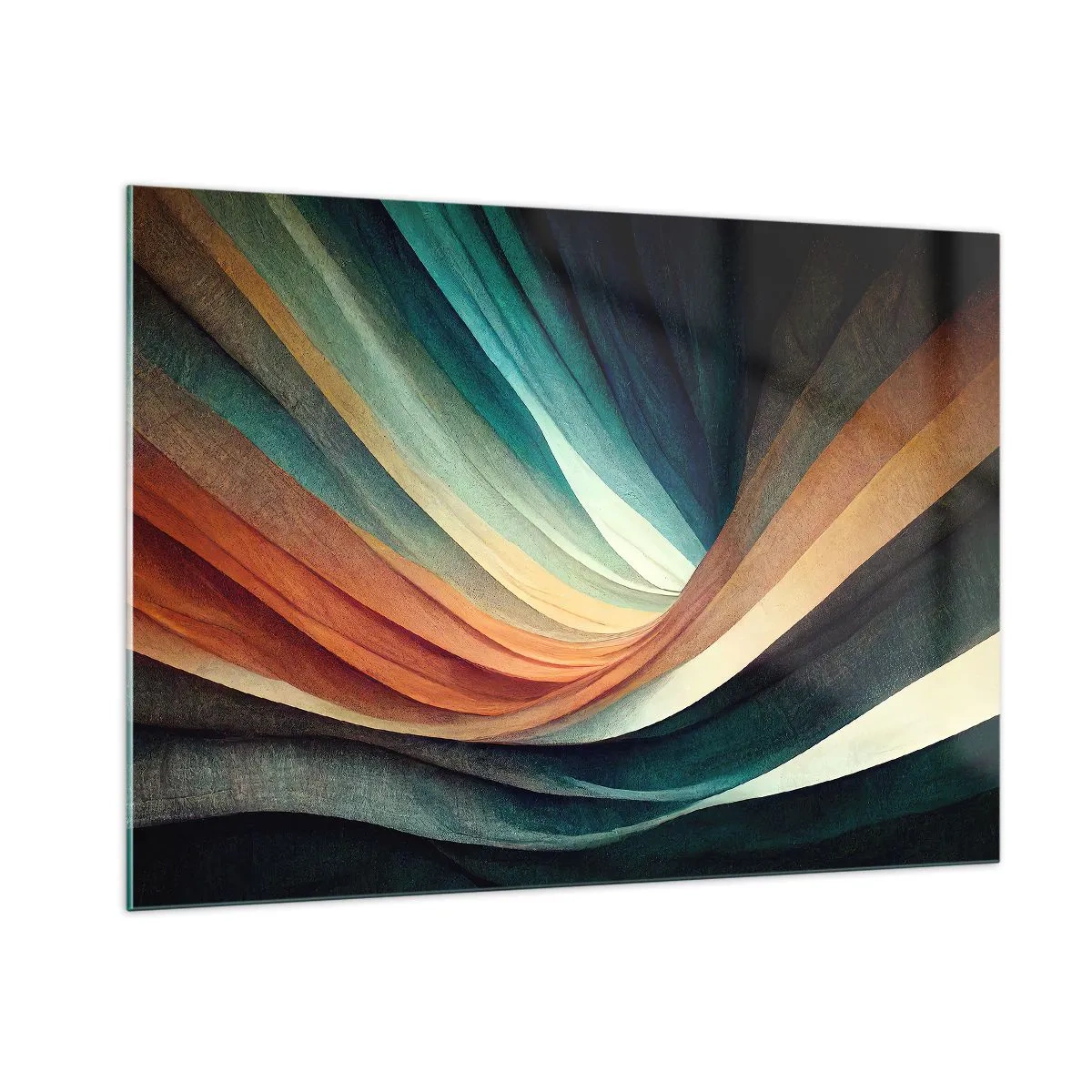Cuadro sobre vidrio - Impresiones sobre Vidrio - Ondas coloridas en tonos turquesa, naranja y beige. - 100x70cm - Tejido de colores - Decoración de pared moderna para salón y dormitorio ARTTOR