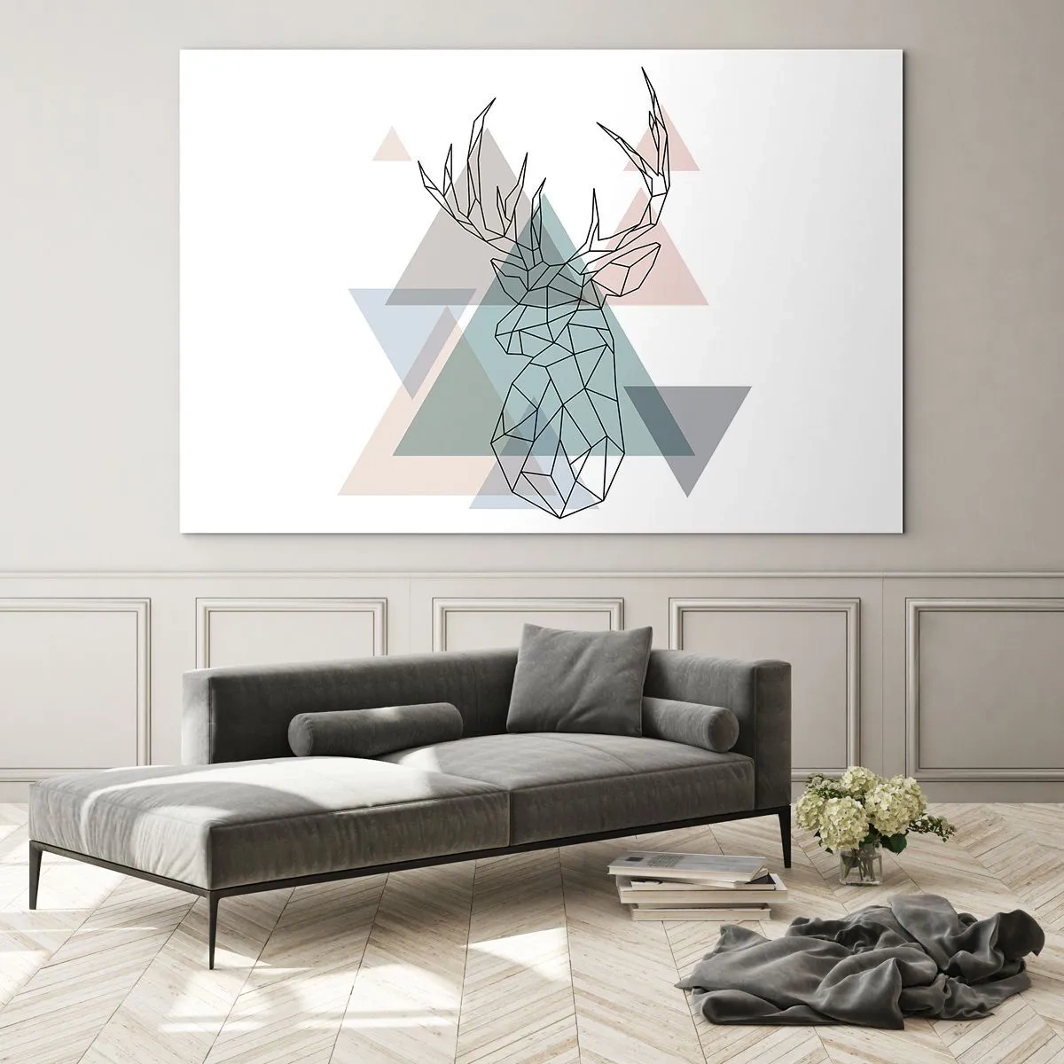 Cuadro sobre vidrio - Impresiones sobre Vidrio - Dibujo geométrico de un ciervo sobre un fondo de triángulos pastel. - 70x50cm - En un bosque geométrico - Decoración de pared moderna para salón y dormitorio ARTTOR
