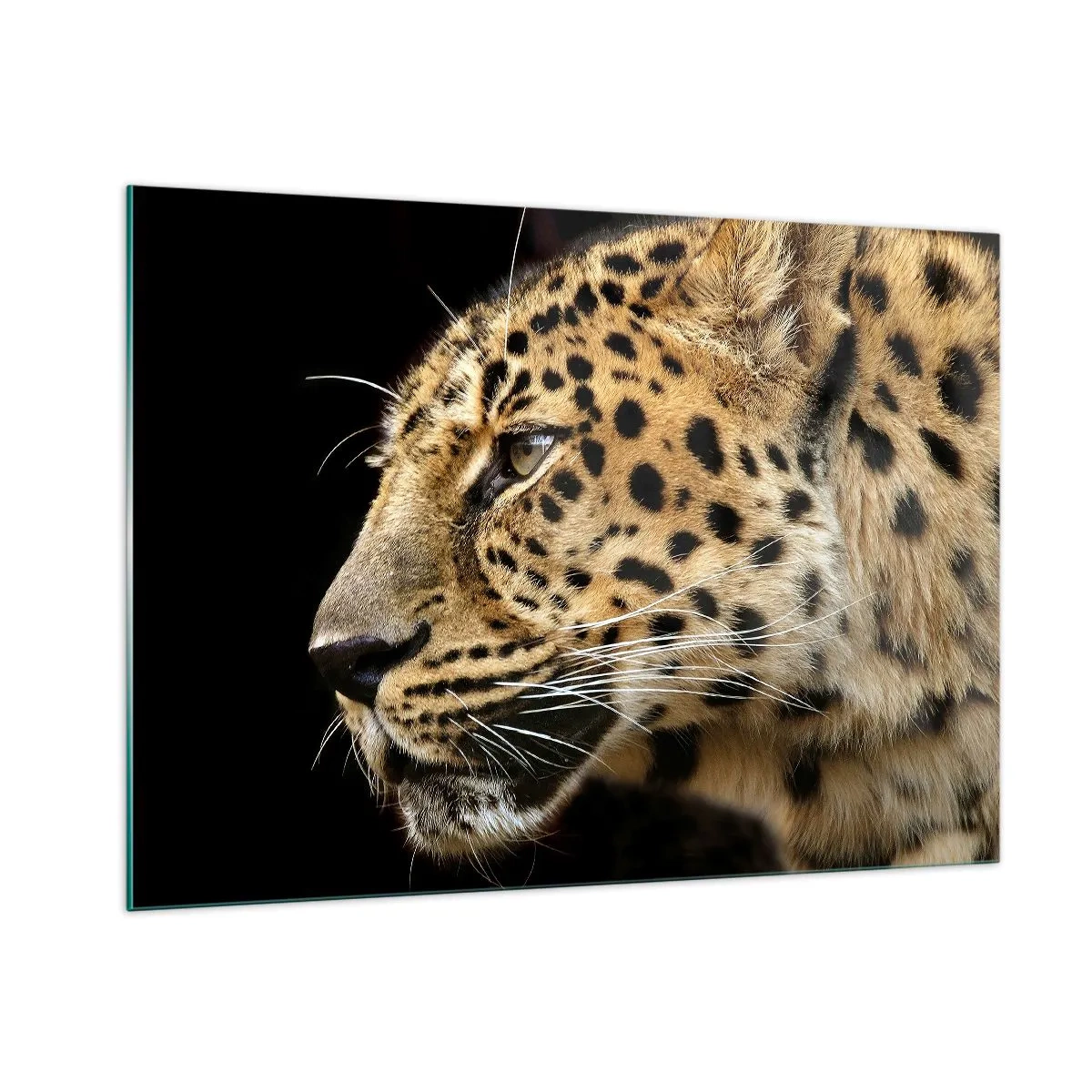 Cuadro sobre vidrio - Impresiones sobre Vidrio - Perfil de un leopardo sobre fondo negro - 100x70cm - Tranquilo, concentrado, preparado - Decoración de pared moderna para salón y dormitorio ARTTOR