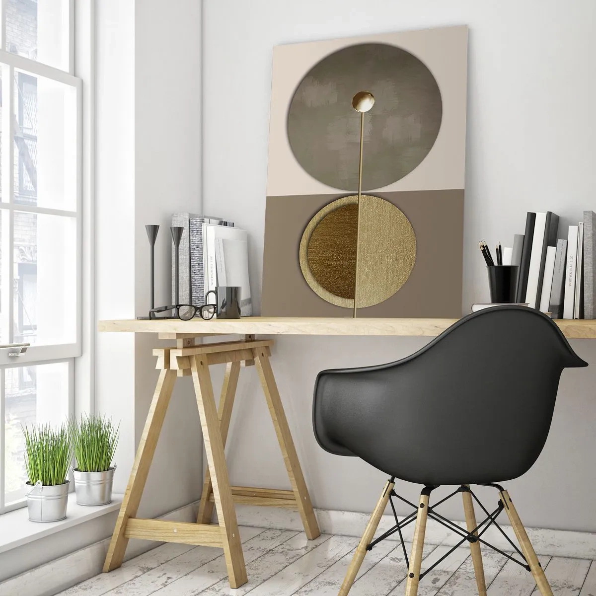 Cuadro sobre vidrio - Impresiones sobre Vidrio - Círculos y líneas doradas en una composición armoniosa. - 50x70cm - Equilibrio perfecto - Decoración de pared moderna para salón y dormitorio ARTTOR