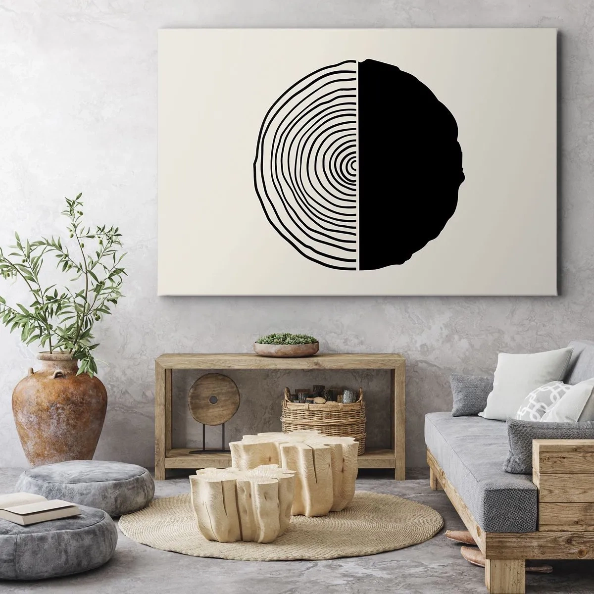 Cuadro sobre lienzo - Impresión de Imagen - Un motivo abstracto en blanco y negro inspirado en una sección transversal de madera con una división geométrica. - 70x50cm - Mitad y mitad - Decoración de pared moderna para salón y dormitorio ARTTOR