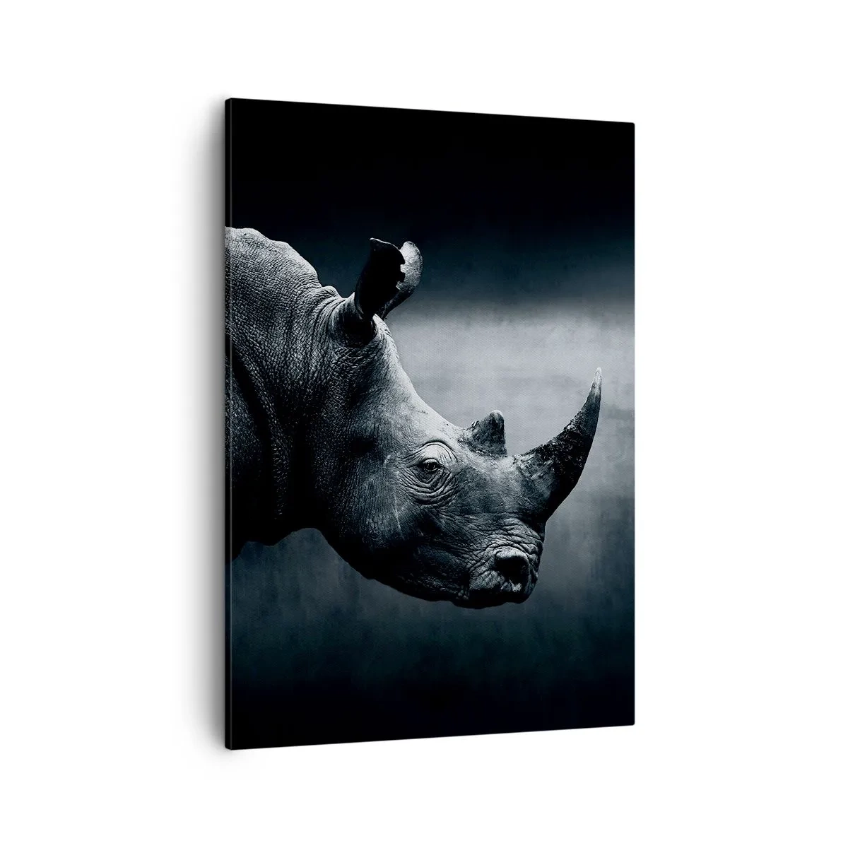Cuadro sobre lienzo - Impresión de Imagen - Retrato en blanco y negro de un rinoceronte sobre un fondo oscuro. - 50x70cm - Perfil derecho - Decoración de pared moderna para salón y dormitorio ARTTOR