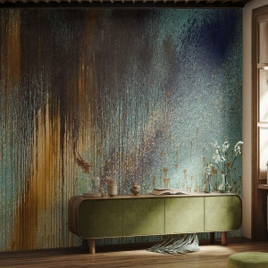 Fotomural Premium Canvas - Una composición abstracta de colores en tonos dorados, marrones y azules. - 100x70cm - Una composición colorista no accidental - Decoración de pared moderna para salón y dormitorio ARTTOR