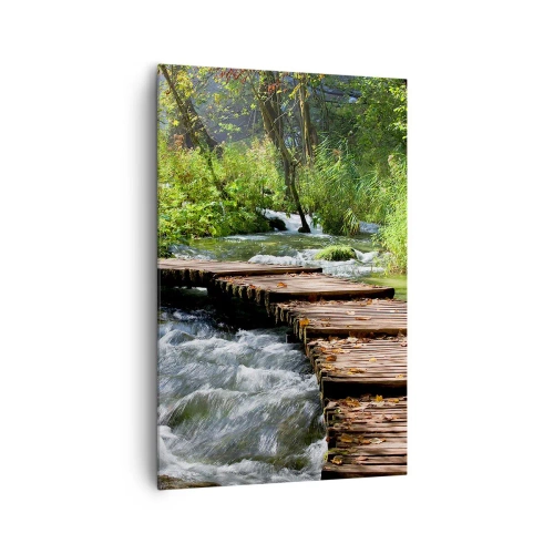 Cuadro sobre lienzo - Impresión de Imagen - Un puente de madera sobre un arroyo caudaloso rodeado por el verdor del bosque. - 80x120cm - Sobre una cascada de espuma - Decoración de pared moderna para salón y dormitorio ARTTOR