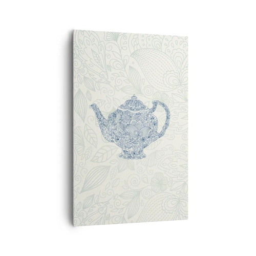 Cuadro sobre lienzo - Impresión de Imagen - Dibujo decorativo de una tetera con adornos azules. - 80x120cm - El encanto del té - Decoración de pared moderna para salón y dormitorio ARTTOR