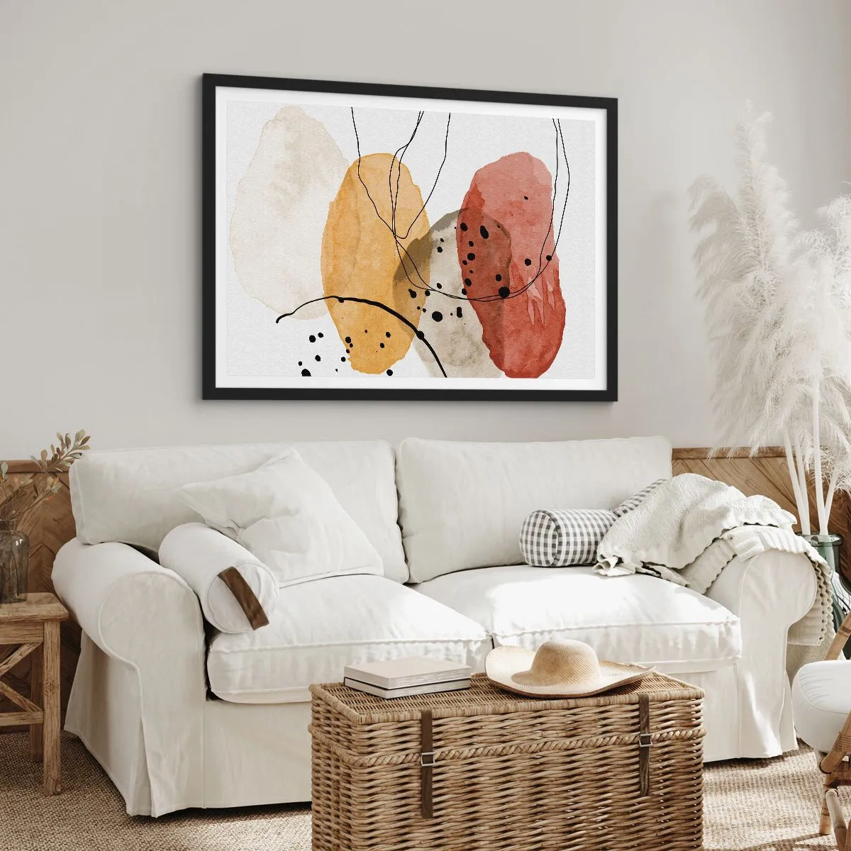 Póster en marco negro - Manchas abstractas en tonos beige, amarillo y rojo. - 70x50cm - Líneas y transparencias - Decoración de pared moderna para salón y dormitorio ARTTOR