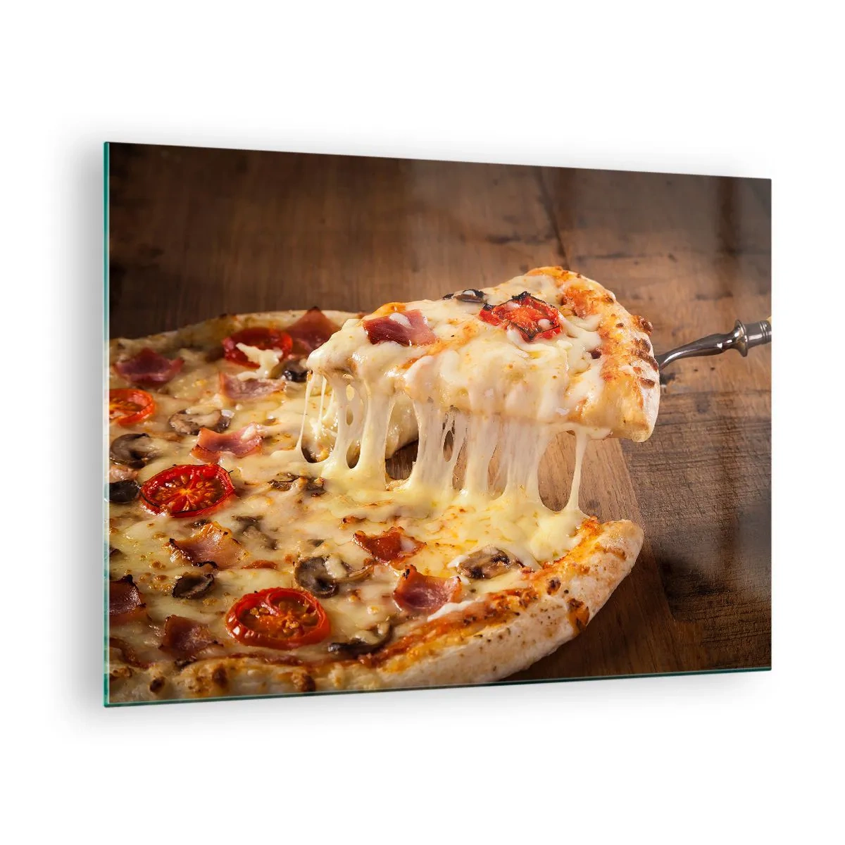 Cuadro sobre vidrio - Impresiones sobre Vidrio - Pizza con queso fibroso, tomates y jamón sobre un fondo de madera - 70x50cm - Una obra maestra del arte italiano - Decoración de pared moderna para salón y dormitorio ARTTOR