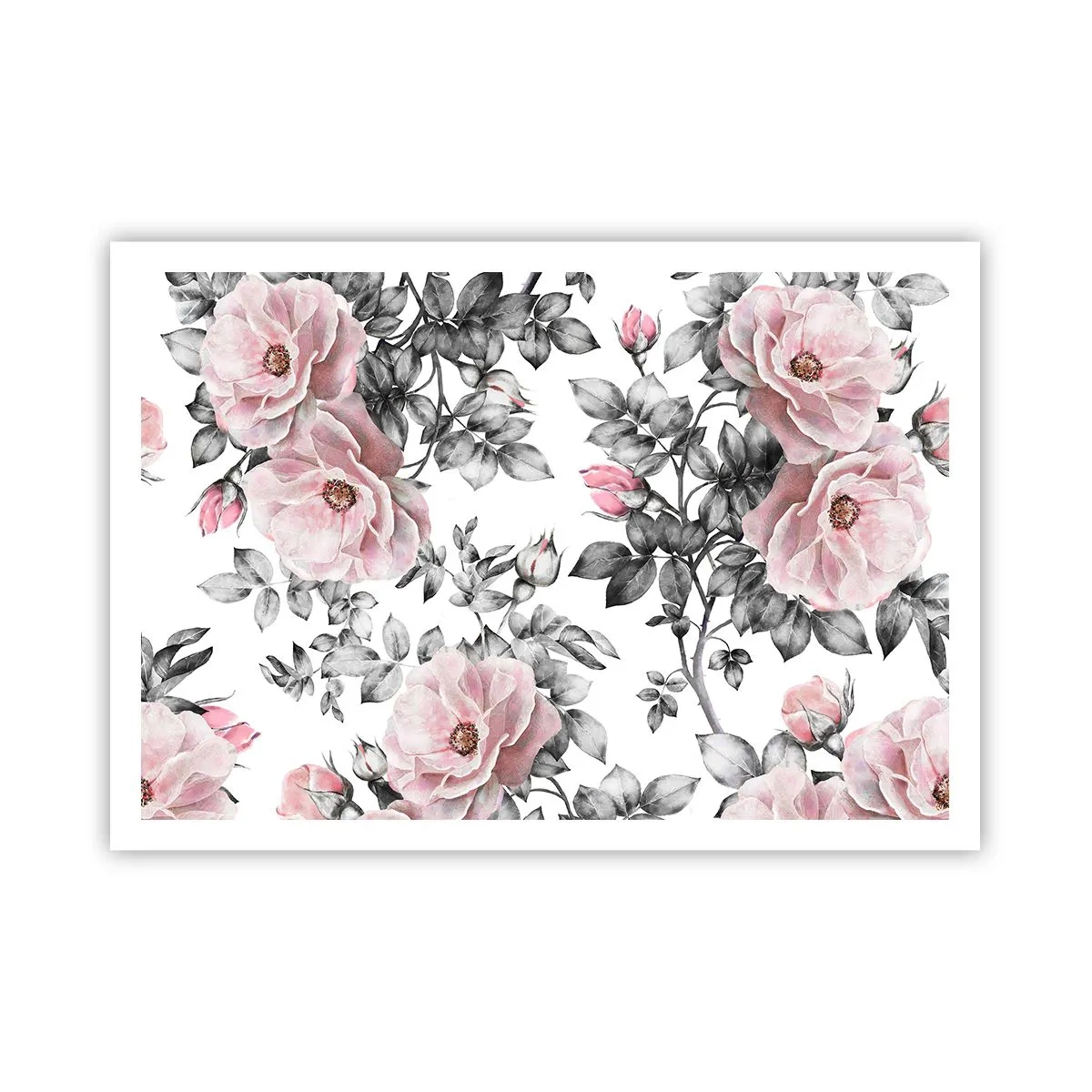Póster - Rosas rosas y hojas sobre un delicado fondo blanco y negro. - 100x70cm - Entre las rosas - Decoración de pared moderna para salón y dormitorio ARTTOR