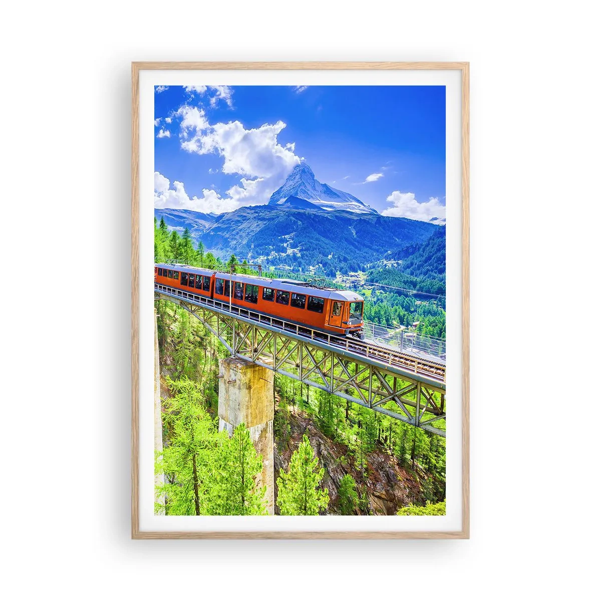 Póster en marco roble claro - Ferrocarril a los Alpes - 70x100 cm