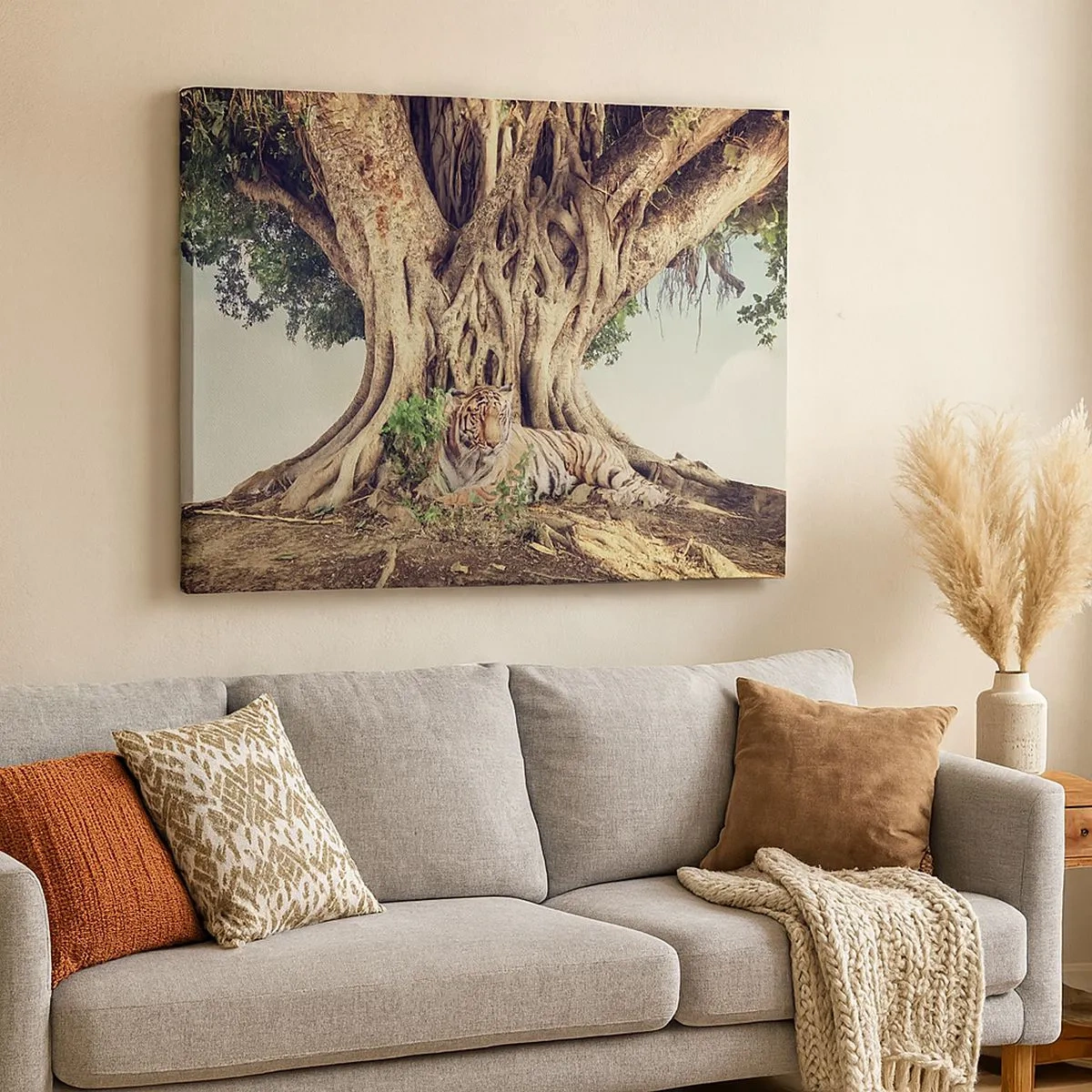 Cuadro sobre lienzo - Impresión de Imagen - Un tigre descansando bajo un árbol extendido - 70x50cm - Una visión desde el Génesis - Decoración de pared moderna para salón y dormitorio ARTTOR