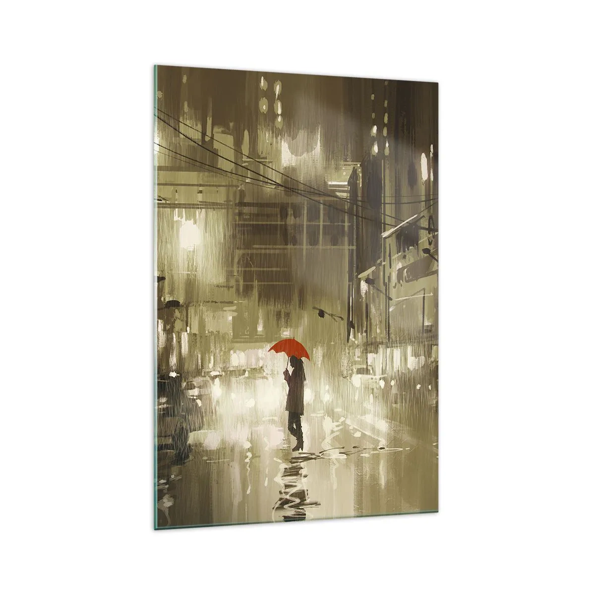Cuadro sobre vidrio - Impresiones sobre Vidrio - Una figura con un paraguas rojo en una ciudad lluviosa. - 70x100cm - Soledad en la urbe - Decoración de pared moderna para salón y dormitorio ARTTOR