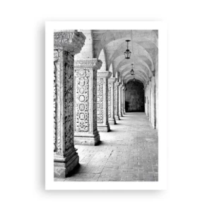 Póster - Una fotografía en blanco y negro de un claustro histórico con columnas. - 50x70cm - ¿Y adónde nos llevará...? - Decoración de pared moderna para salón y dormitorio ARTTOR