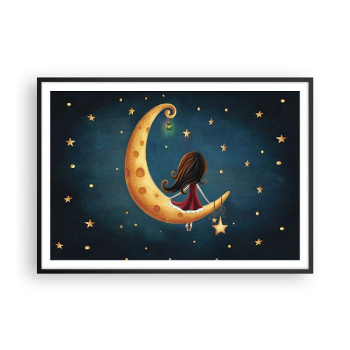Póster en marco negro - Una niña en la luna rodeada de estrellas. - 100x70cm - Érase una vez... - Decoración de pared moderna para salón y dormitorio ARTTOR