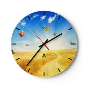 Reloj de pared - Reloj de vidrio - Un motivo de paisaje de verano con mariposas sobre un fondo de campos dorados. - 30x30cm - ¿Cómo no amar el verano? - Decoración de pared moderna para salón, cocina y dormitorio ARTTOR