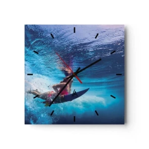 Reloj de pared - Reloj de vidrio - Un surfista bajo el agua en una composición dinámica en tonos azules. - 30x30cm - La profundidad de la alegría - Decoración de pared moderna para salón y dormitorio ARTTOR