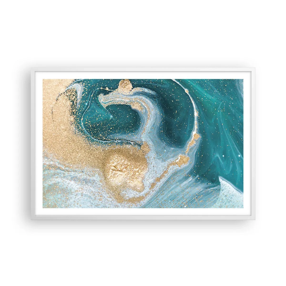 Póster en marco blanco - Un remolino de oro y turquesa - 91x61 cm