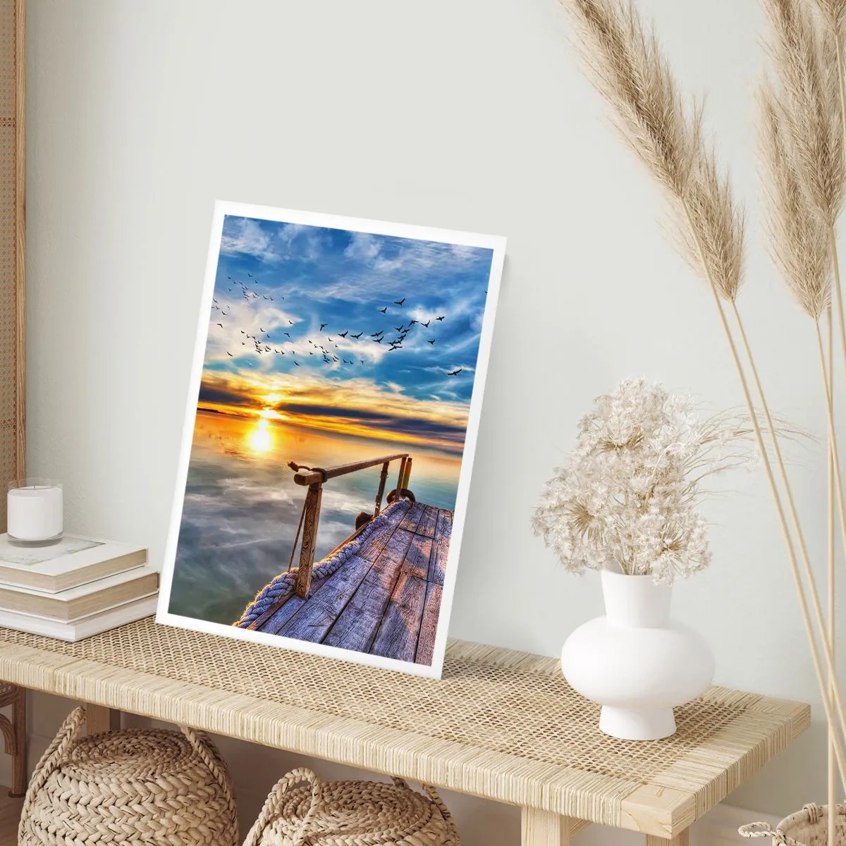 Póster - Muelle de madera sobre el lago al atardecer - 50x70cm - El viento se va a descansar - Decoración de pared moderna para salón y dormitorio ARTTOR