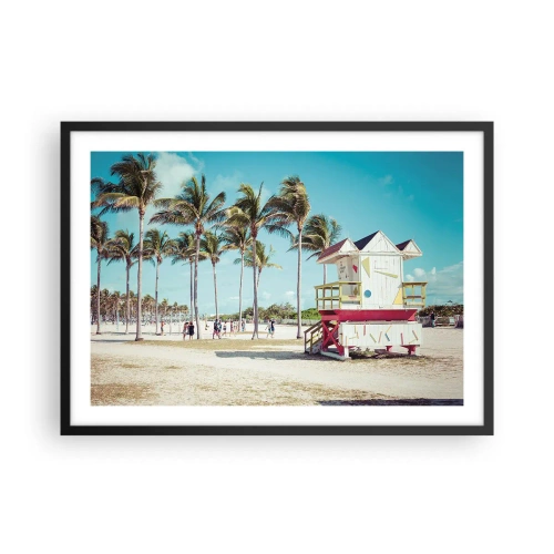 Póster en marco negro - Una playa con palmeras y una torre de salvavidas al fondo. - 70x50cm - Un hermoso día por delante - Decoración de pared moderna para salón y dormitorio ARTTOR