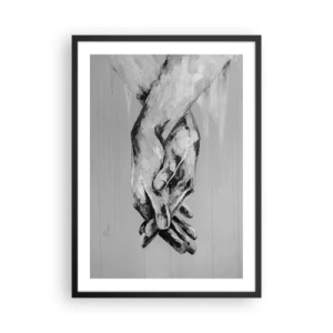 Póster en marco negro - Una imagen monocromática de manos juntas sobre un fondo gris. - 50x70cm - El comienzo... - Decoración de pared moderna para salón y dormitorio ARTTOR