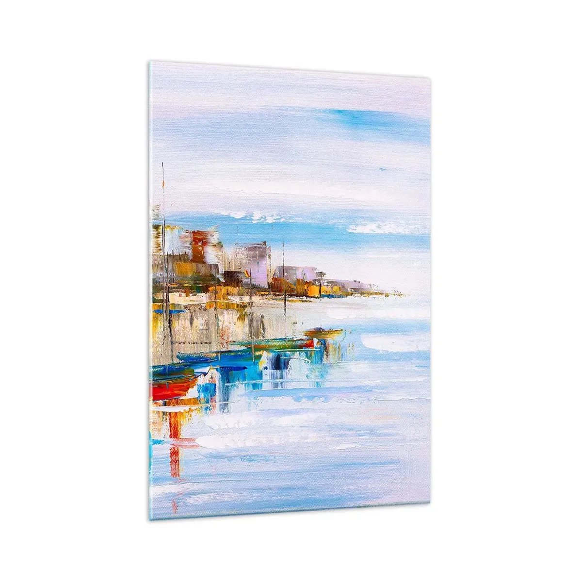 Cuadro sobre vidrio - Impresiones sobre Vidrio - Barcos coloridos en la orilla con vistas al horizonte de la ciudad - 70x100cm - Puerto urbano multicolor - Decoración de pared moderna para salón y dormitorio ARTTOR