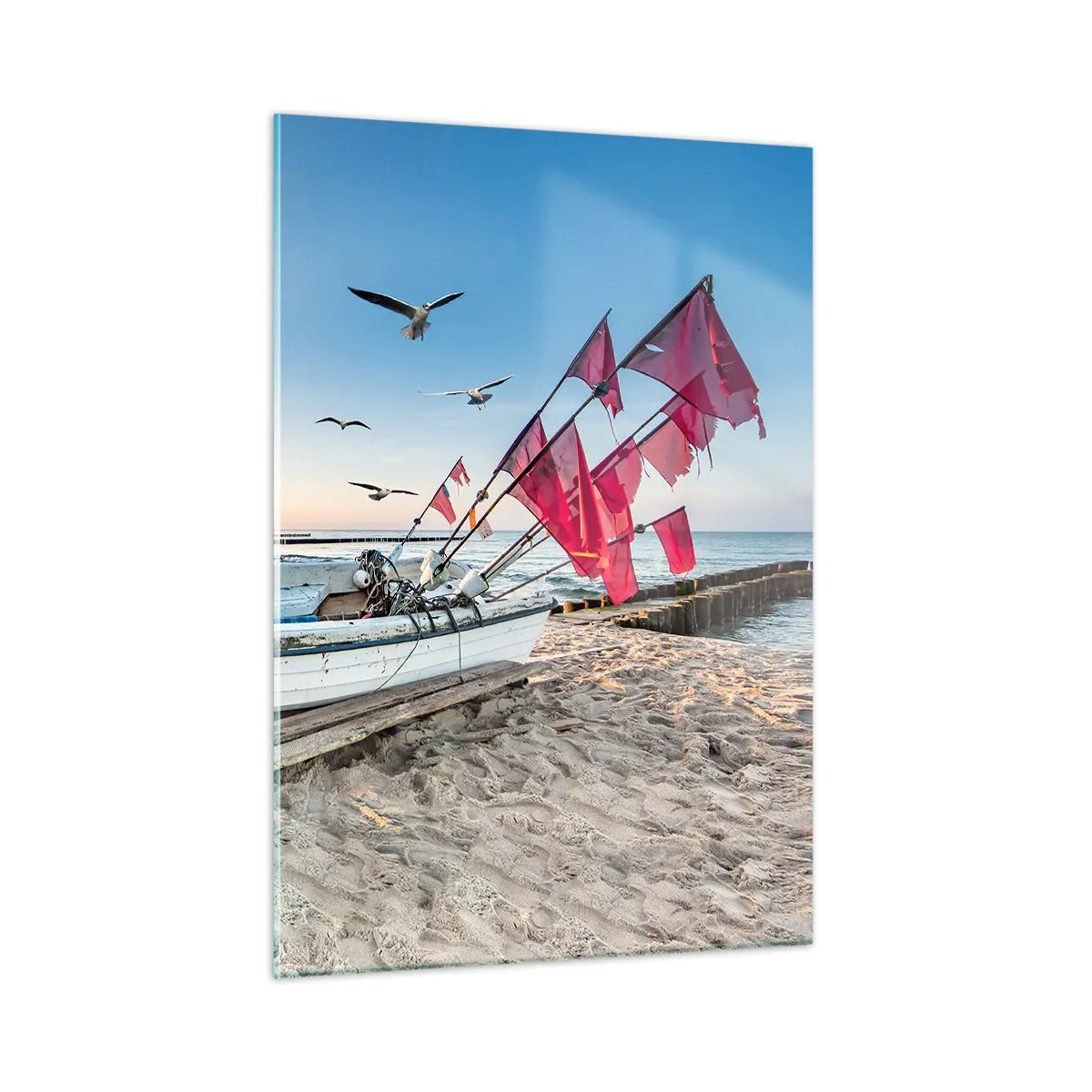 Cuadro sobre vidrio - Impresiones sobre Vidrio - Barco de pesca en la playa al amanecer - 50x70cm - Un merecido descanso - Decoración de pared moderna para salón y dormitorio ARTTOR