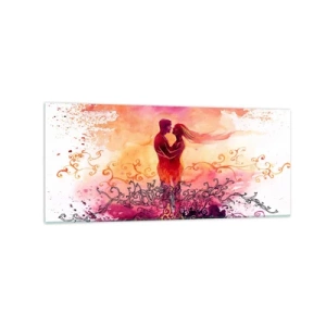 Cuadro sobre vidrio - Impresiones sobre Vidrio - Una pareja abrazándose sobre un patrón abstracto rosa y naranja. - 120x50cm - ¡Un solo corazón! Necesito tan poco para ser feliz… - Decoración de pared moderna para salón y dormitorio ARTTOR