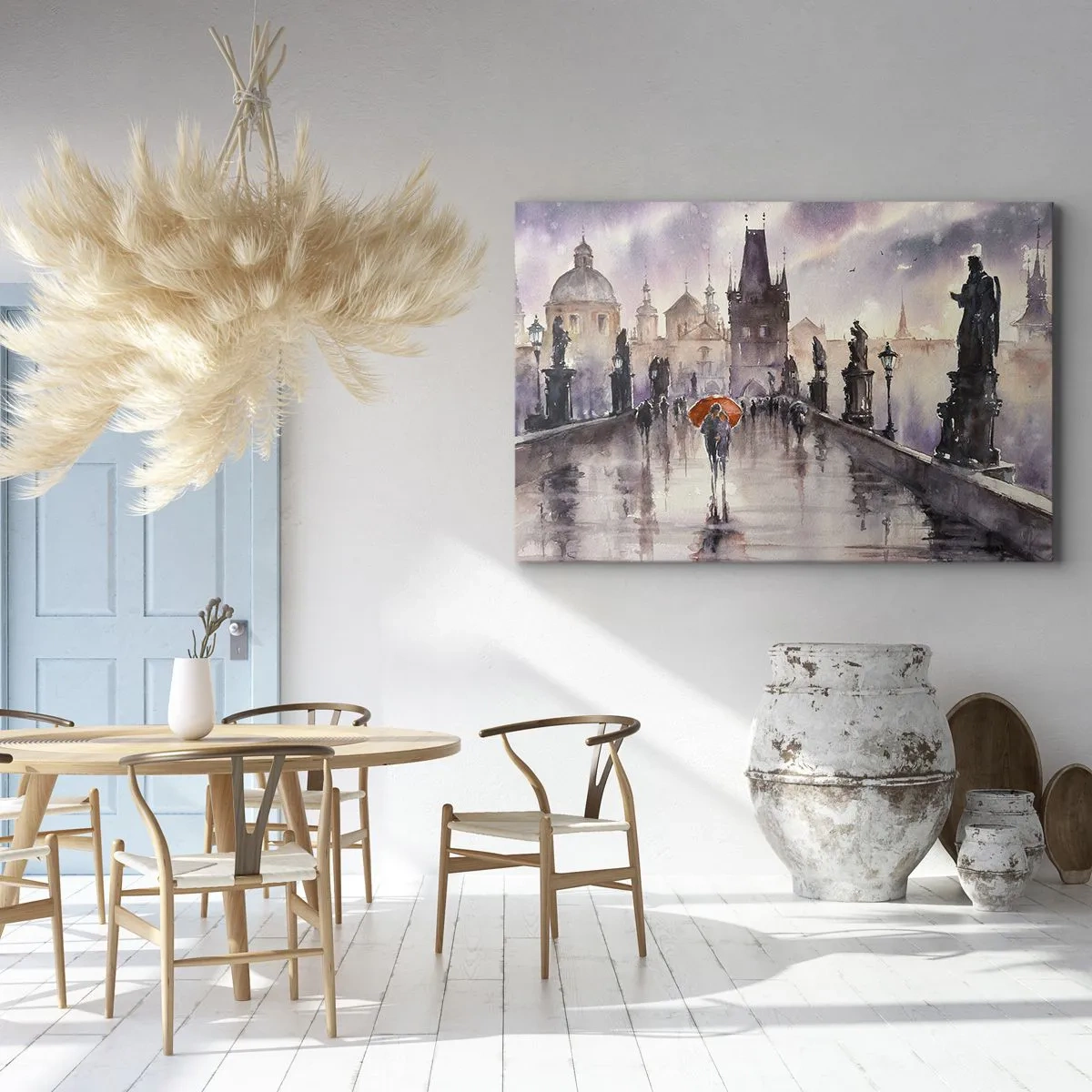 Cuadro sobre lienzo - Impresión de Imagen - Vista romántica de un puente con un paraguas con el telón de fondo de una ciudad al atardecer. - 70x50cm - La gente no cambia - Decoración de pared moderna para salón y dormitorio ARTTOR