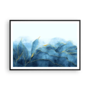Póster en marco negro - Ondas abstractas en tonos azules con acentos dorados. - 100x70cm - Oro y azul - Decoración de pared moderna para salón y dormitorio ARTTOR