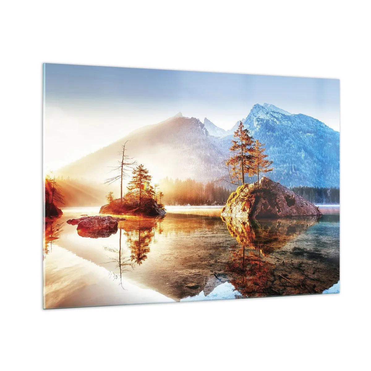 Cuadro sobre vidrio - Impresiones sobre Vidrio - Paisaje de montaña por la mañana con árboles y reflejo en el lago. - 100x70cm - La naturaleza bajo la luz - Decoración de pared moderna para salón y dormitorio ARTTOR