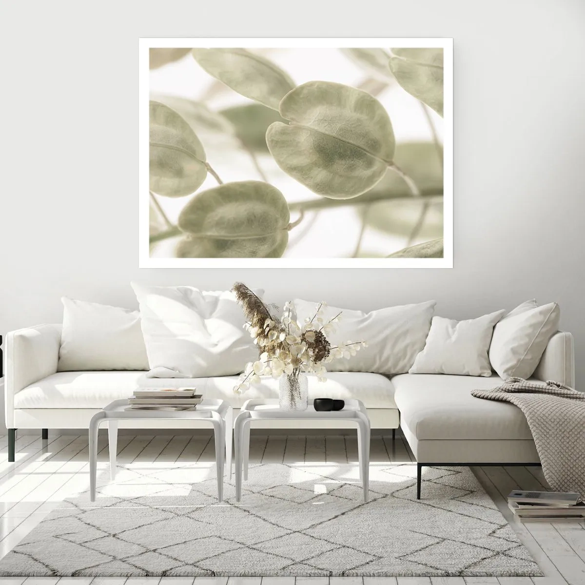 Póster - Una delicada pintura de hojas en tonos pastel de verde sobre un fondo claro. - 100x70cm - Al principio de los tiempos había hojas... - Decoración de pared moderna para salón y dormitorio ARTTOR