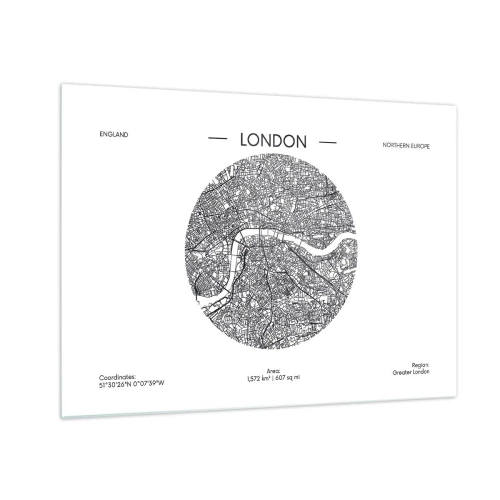Cuadro sobre vidrio - Impresiones sobre Vidrio - Un mapa detallado de Londres en un estilo gráfico en blanco y negro. - 70x50cm - Anatomía de Londres - Decoración de pared moderna para salón y dormitorio ARTTOR