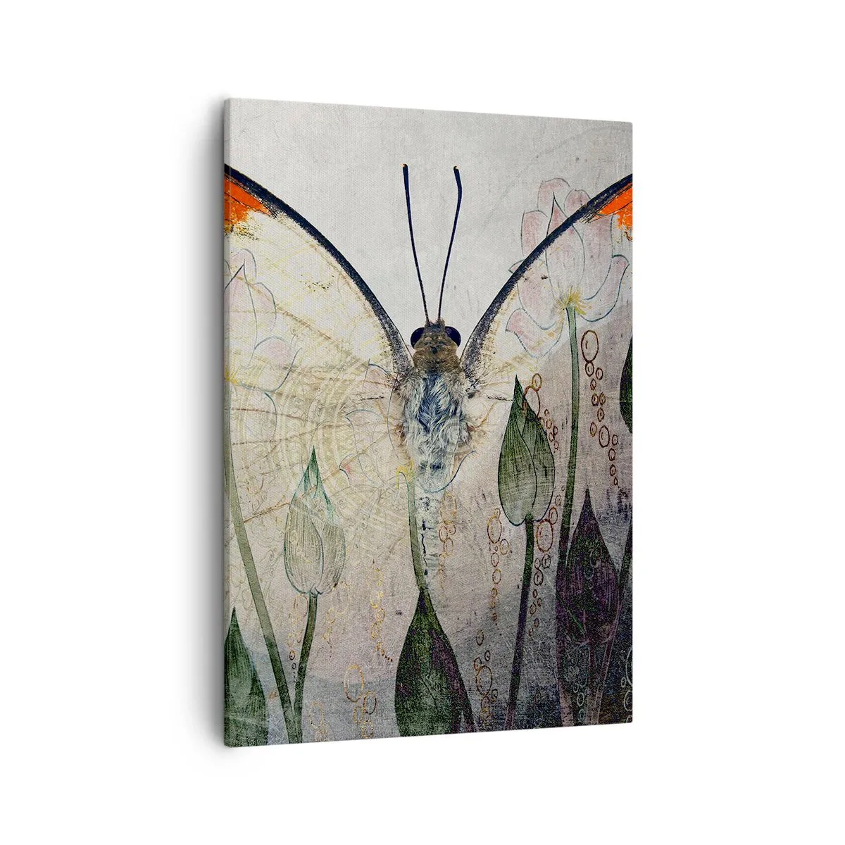 Cuadro sobre lienzo - Impresión de Imagen - Una mariposa con alas naranjas sobre un fondo de flores estilizadas. - 50x70cm - Donde la mariposa se mece en la hierba - Decoración de pared moderna para salón y dormitorio ARTTOR