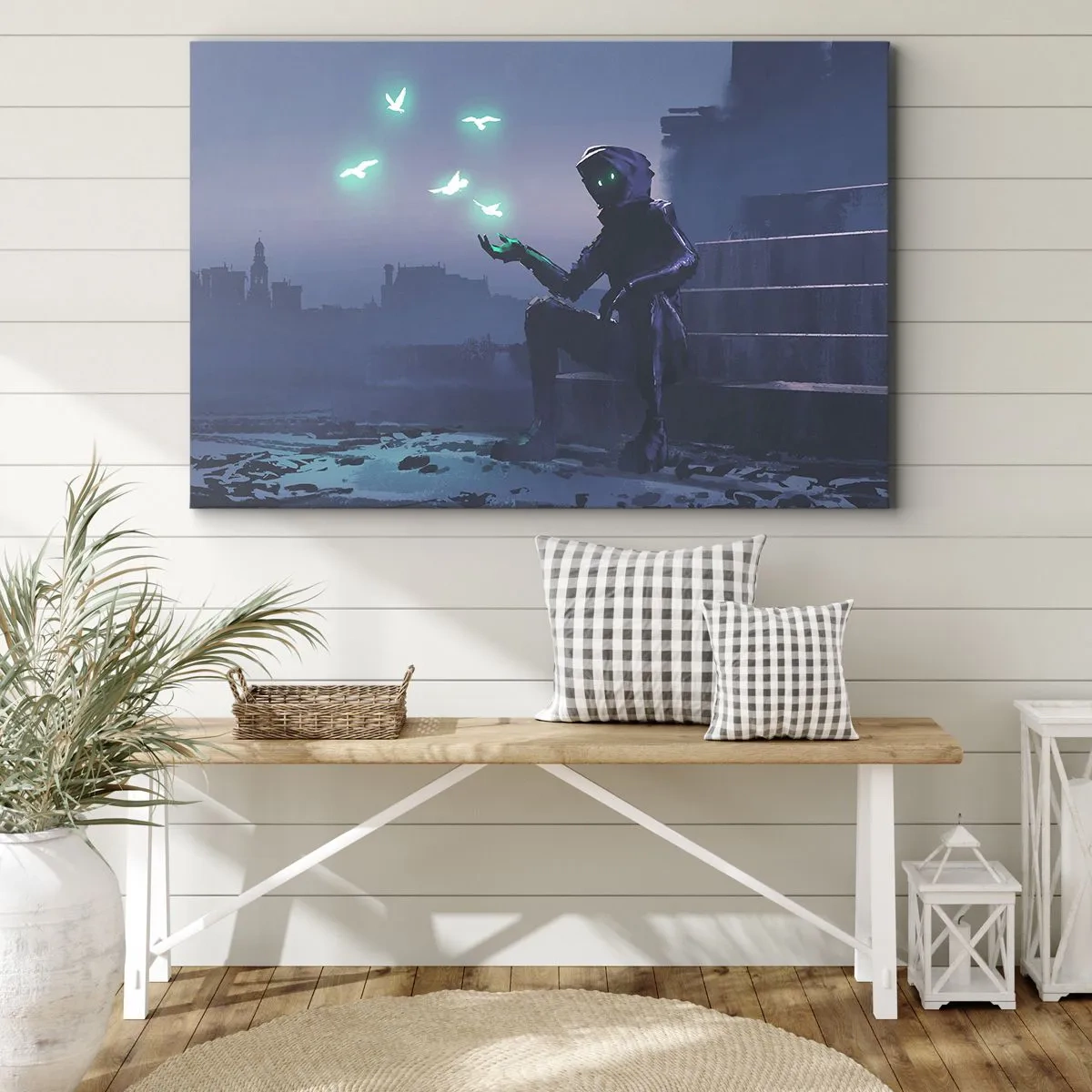 Cuadro sobre lienzo - Impresión de Imagen - Una figura encapuchada con pájaros mágicos en el fondo de una ciudad. - 70x50cm - La vida volverá - Decoración de pared moderna para salón y dormitorio ARTTOR