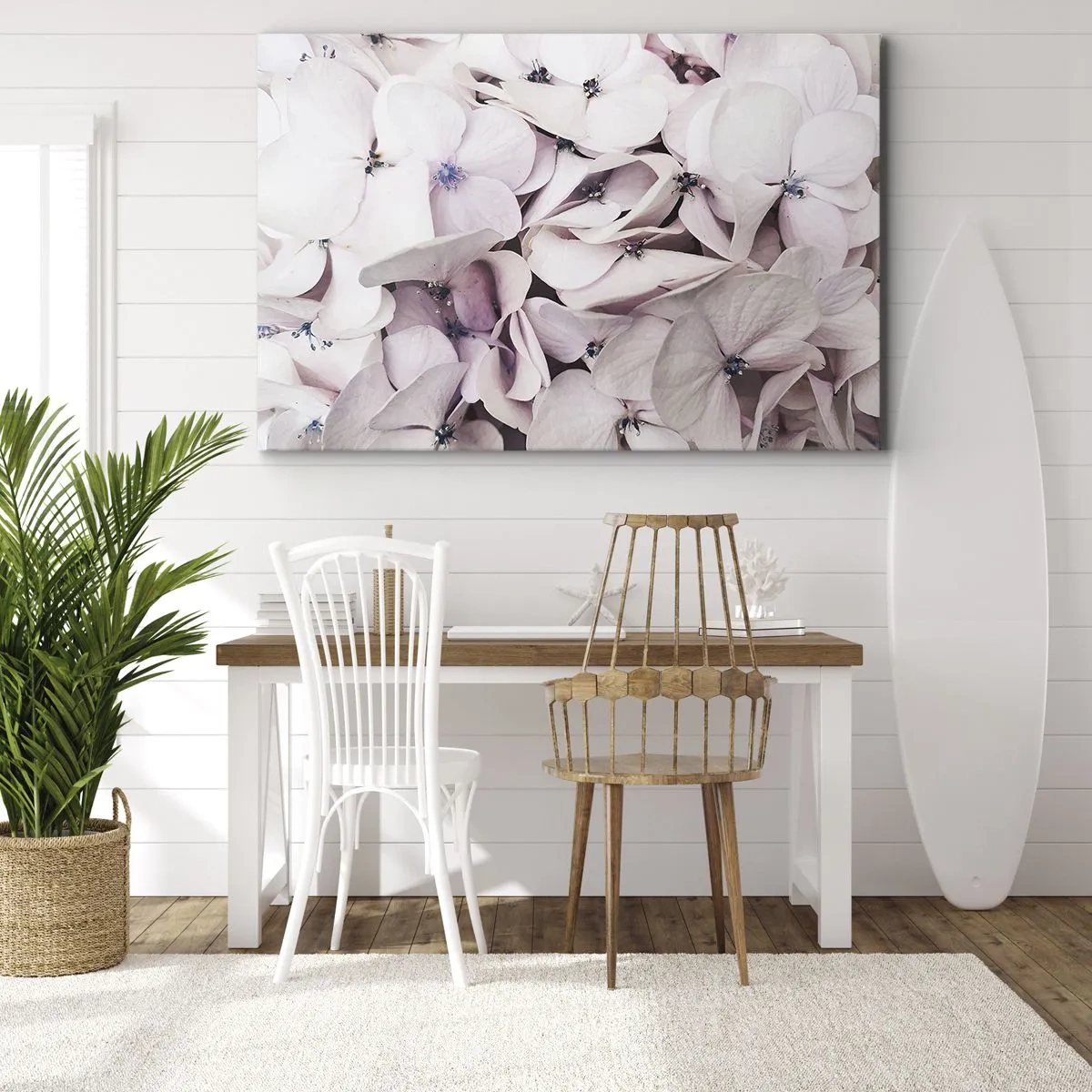 Cuadro sobre lienzo - Impresión de Imagen - Delicadas hortensias blancas en tonos pastel. - 70x50cm - En un torrente de flores - Decoración de pared moderna para salón y dormitorio ARTTOR