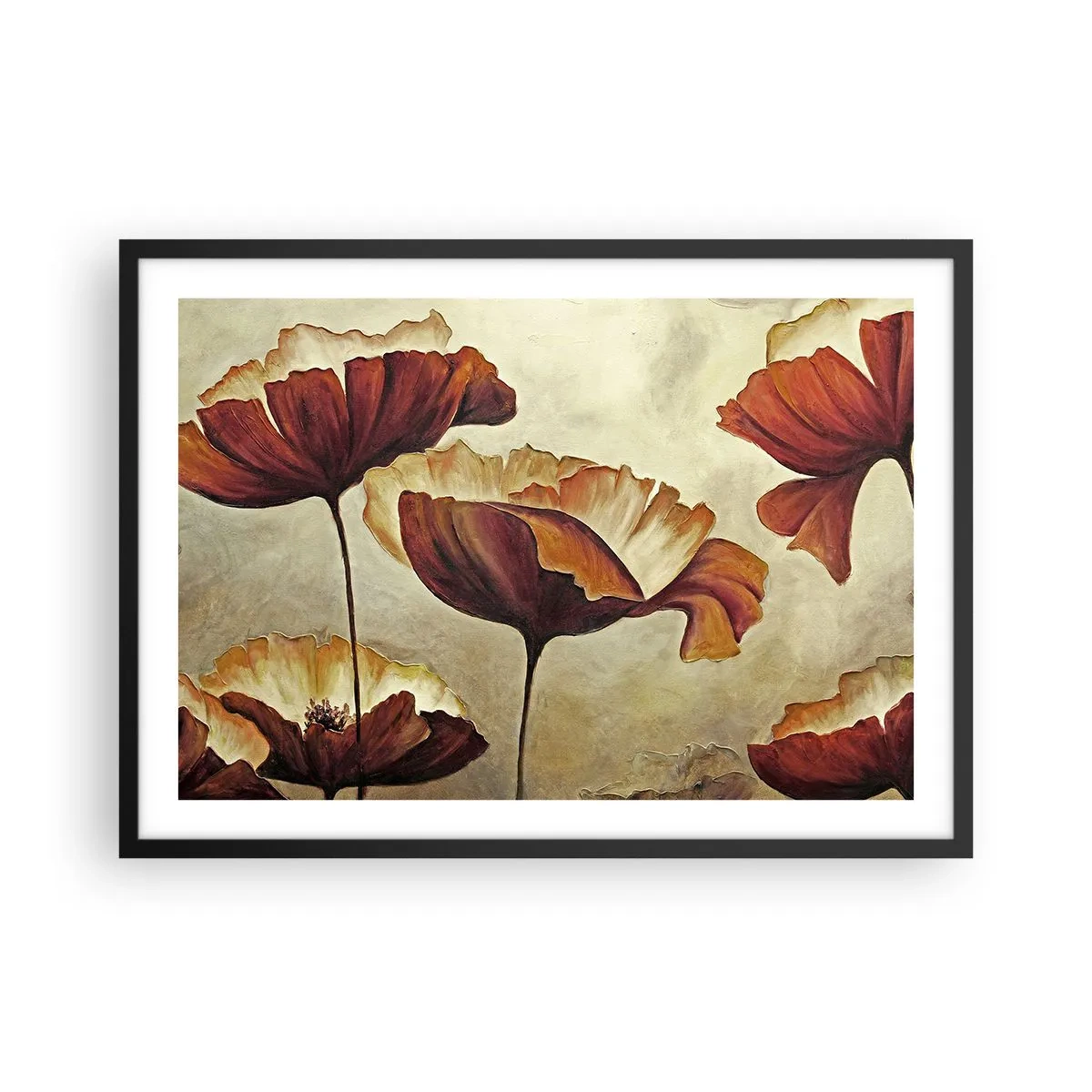 Póster en marco negro - Flores sutiles en tonos rojos y dorados sobre un fondo claro. - 70x50cm - Prado de prados - Decoración de pared moderna para salón y dormitorio ARTTOR