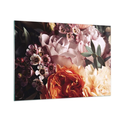 Cuadro sobre vidrio - Impresiones sobre Vidrio - Un primer plano de una composición de rosas, claveles y pequeñas flores. - 100x70cm - Belleza envolvente - Decoración de pared moderna para salón y dormitorio ARTTOR