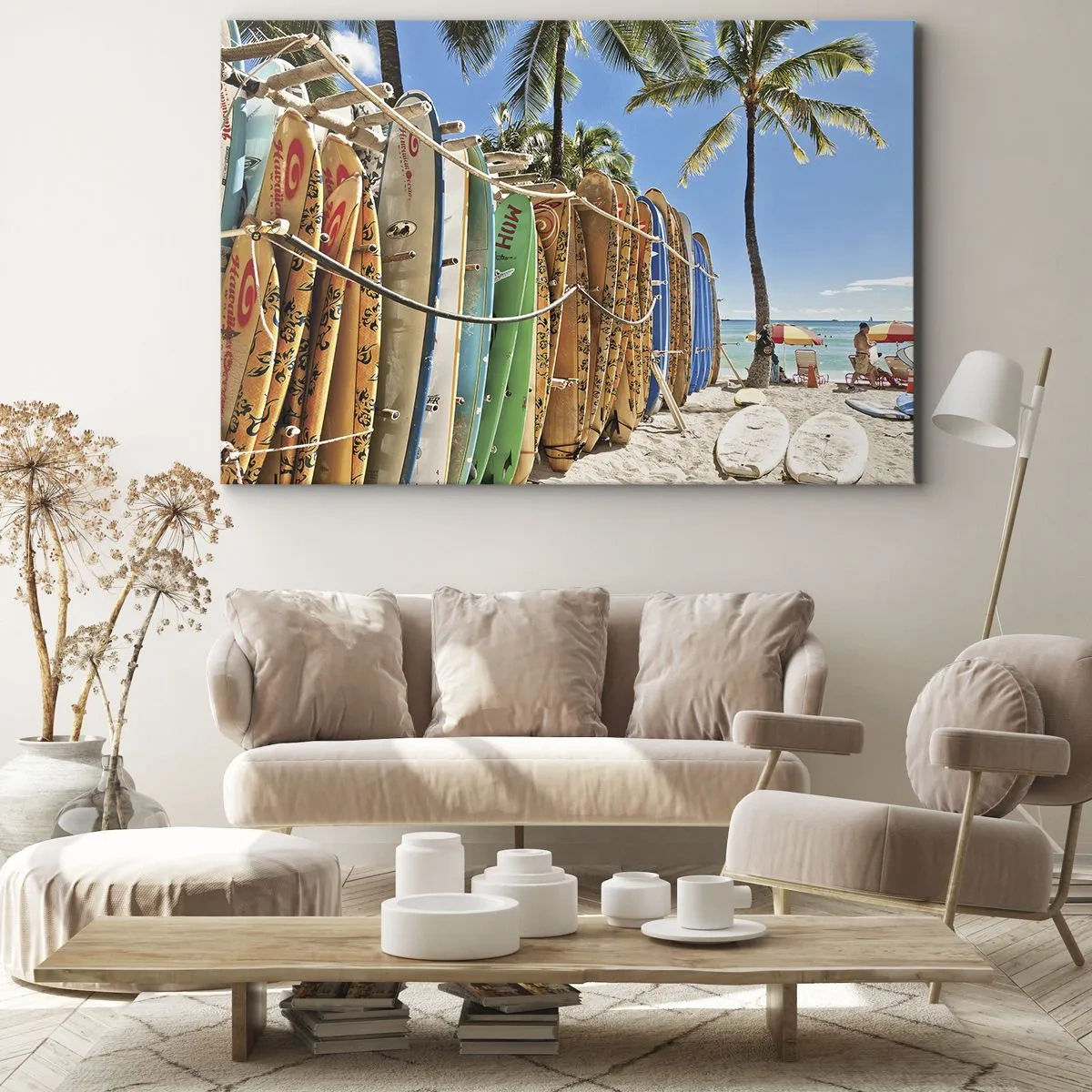 Cuadro sobre lienzo - Impresión de Imagen - Tablas de surf en una playa con palmeras - 70x50cm - Diversión soleada - Decoración de pared moderna para salón y dormitorio ARTTOR