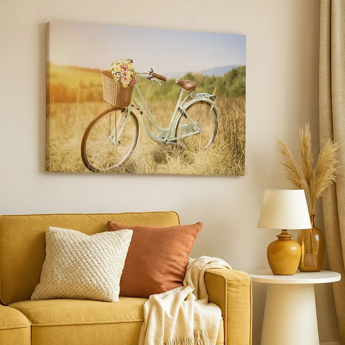 Cuadro sobre lienzo - Impresión de Imagen - Una bicicleta retro con una cesta llena de flores sobre un fondo de pradera. - 70x50cm - Me quedaré aquí un tiempo - Decoración de pared moderna para salón y dormitorio ARTTOR