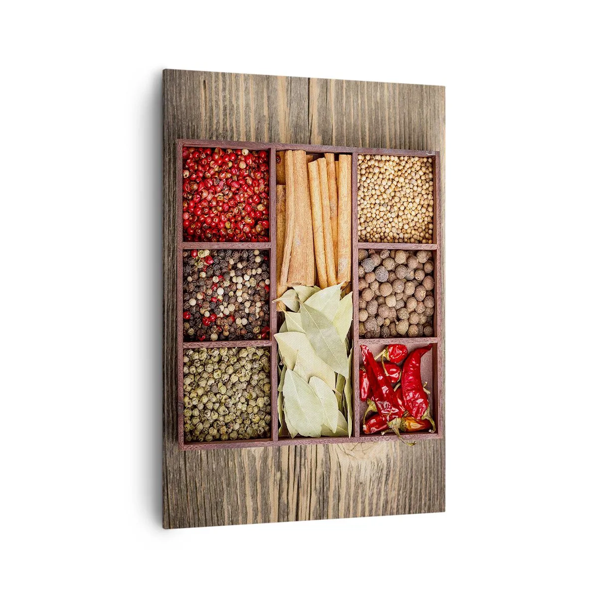 Cuadro sobre lienzo - Impresión de Imagen - Caja de madera con varias especias en compartimentos. - 70x100cm - Orden de formas, composición de aromas - Decoración de pared moderna para salón y dormitorio ARTTOR