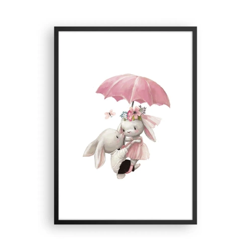 Póster en marco negro - Lindos conejitos bajo una sombrilla rosa - 50x70cm - Esto es amor - Decoración de pared moderna para salón y dormitorio ARTTOR