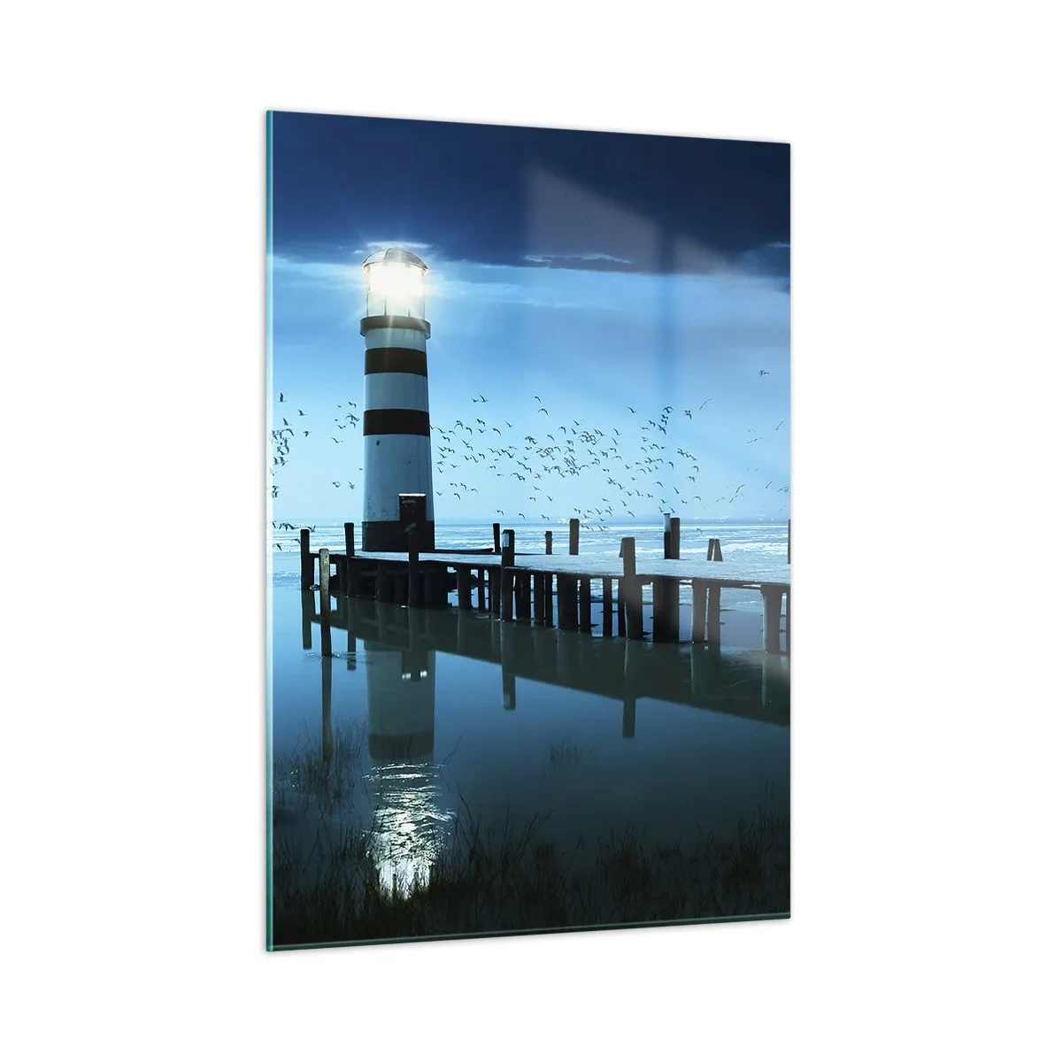 Cuadro sobre vidrio - Impresiones sobre Vidrio - Un faro rodeado de aguas tranquilas y pájaros. - 50x70cm - Sin miedo a la oscuridad - Decoración de pared moderna para salón y dormitorio ARTTOR