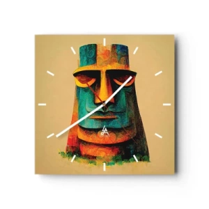 Reloj de pared - Reloj de vidrio - Estatua colorida de la Isla de Pascua - 30x30cm - Escultural, pero simpática - Decoración de pared moderna para salón y dormitorio ARTTOR