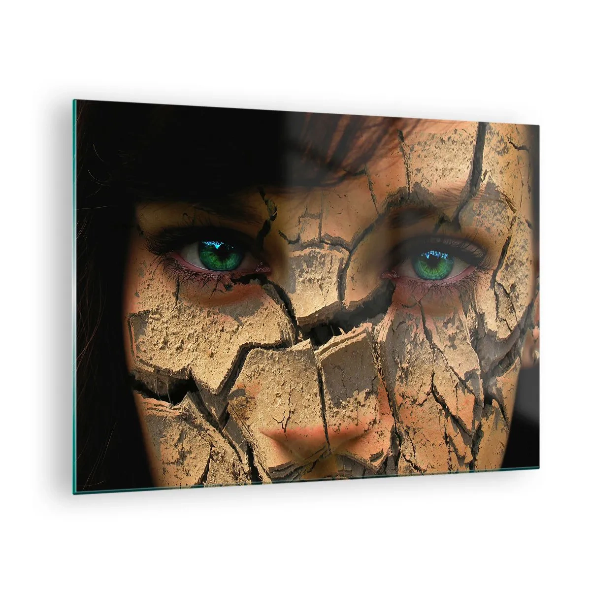 Cuadro sobre vidrio - Impresiones sobre Vidrio - Un rostro de mujer con efecto tierra agrietada. - 70x50cm - Deleite y asombro - Decoración de pared moderna para salón y dormitorio ARTTOR